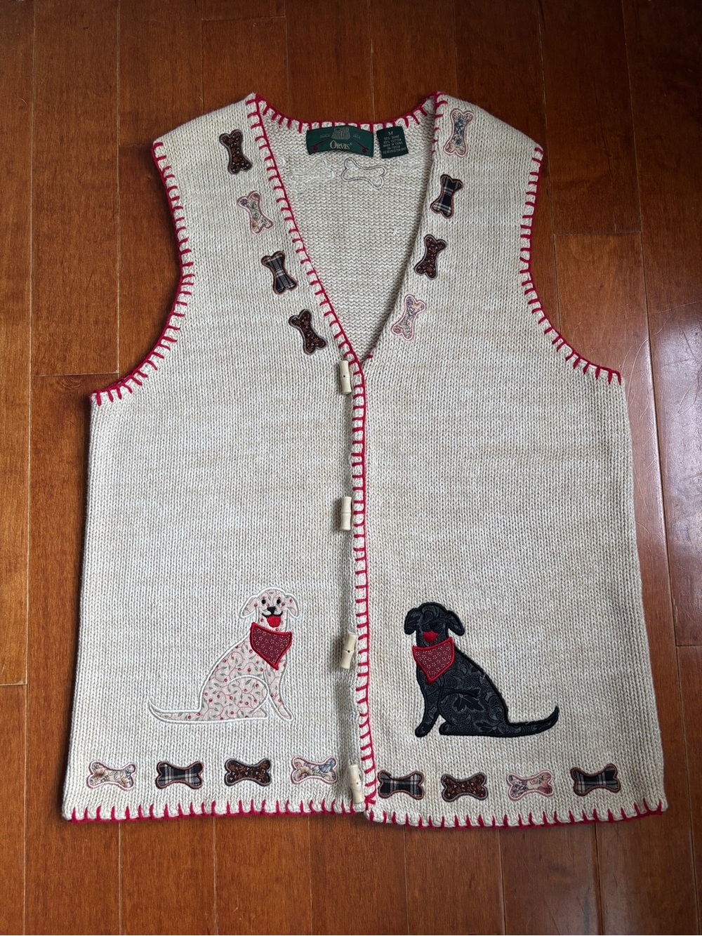 Orvis Vintage Puppy Dog Appliqué Knit Vest with Red Trim Size M